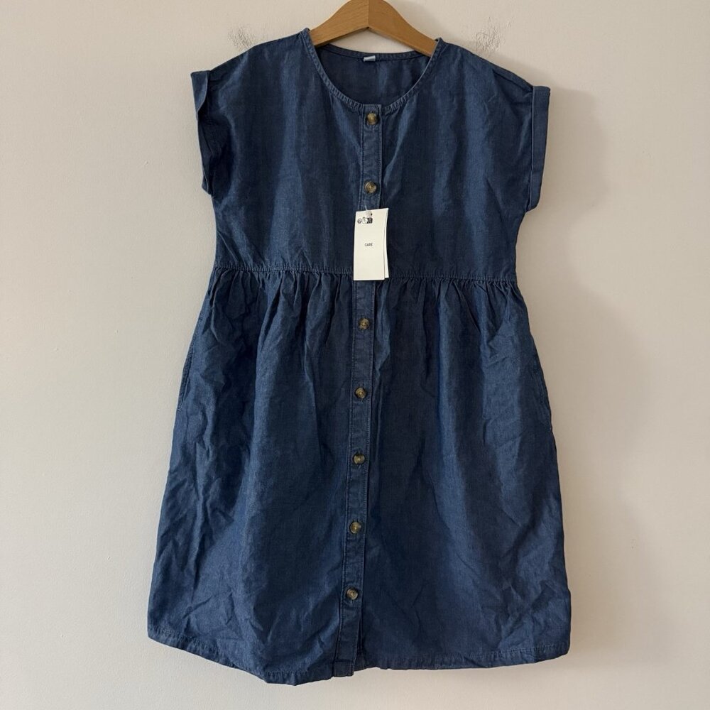 Uniqlo Girls Blue Chambray Dress Size 7-8 Front Buttons Preppy School Casual Nwt